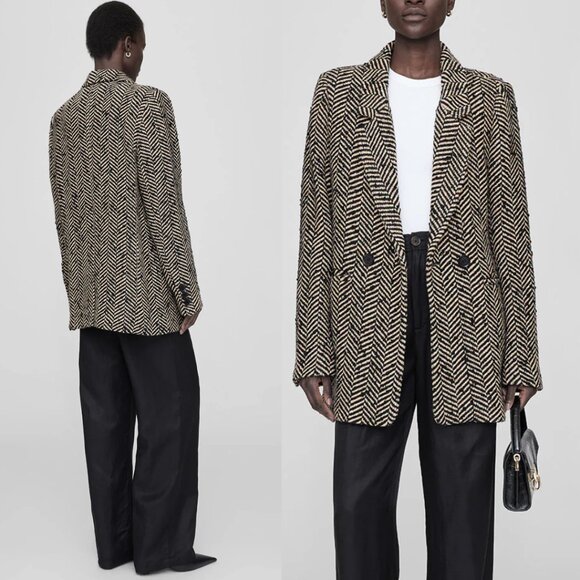 NWOT Anine Bing Diana Blazer Jacket Sz XXS Oversized Fishbone Pattern Wool Blend - Picture 1 of 9